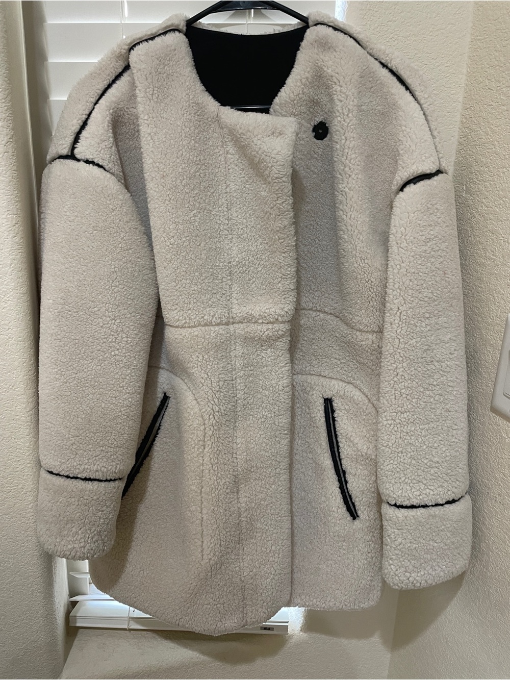 Cream Sherpa Teddy Coat with Black Contrast Trim